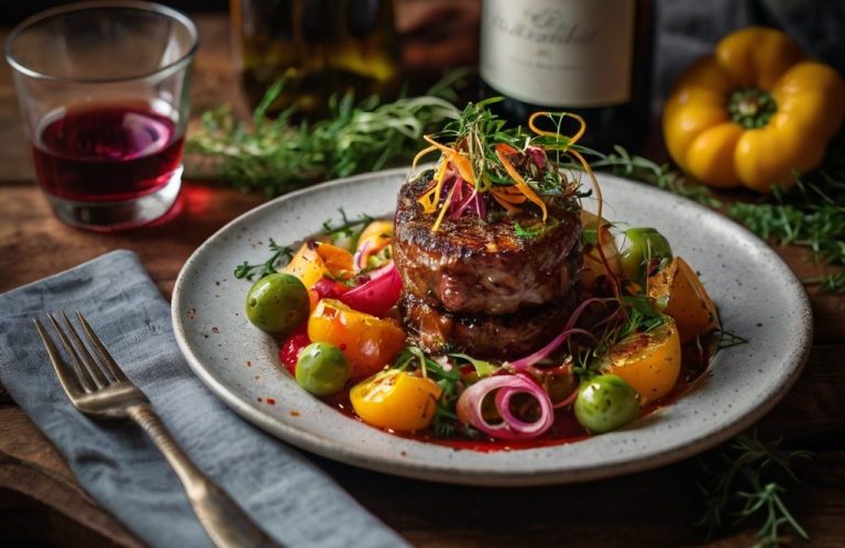 plato de carne con un suculento corte de carne acompañado de un buen vino seleccionado por la carnivora para generar cultura gastronomica 